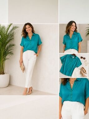 Chico’s Tropical Jade Linen Blend Popover Top (Size 2 / L 12–14) NWT